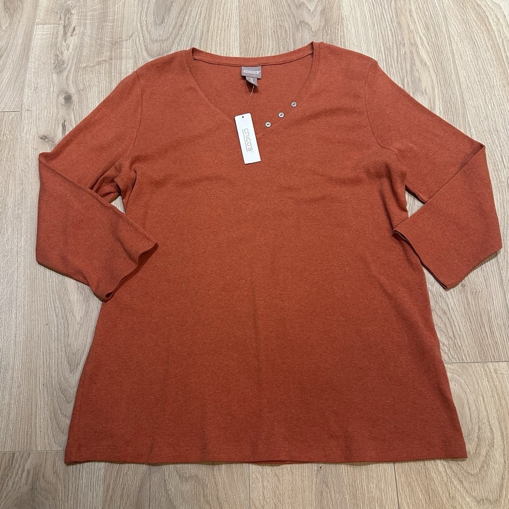 NWT Chicos Shirt Womens Size 3 US XL Lindsey V Neck 3/4 Sleeve Rust Knit Blouse